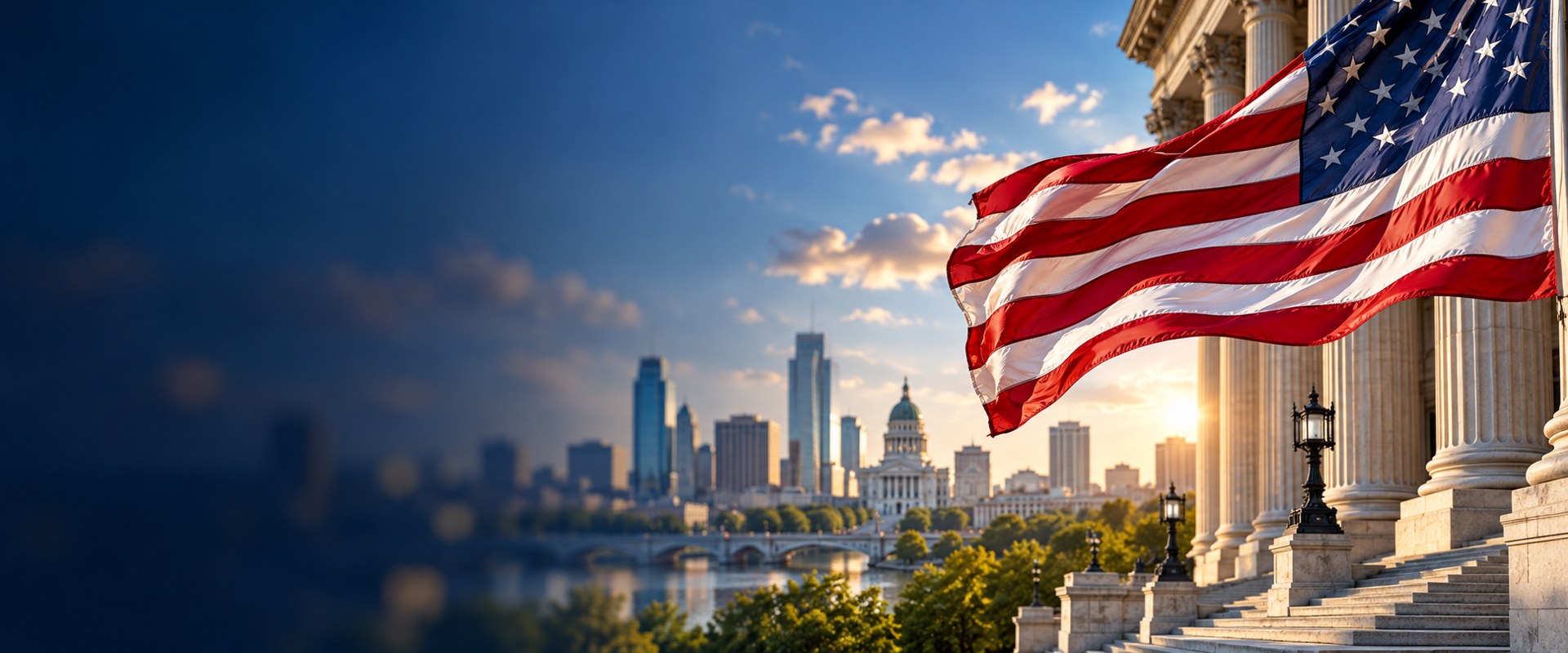 Illustrative American flag and civic architecture